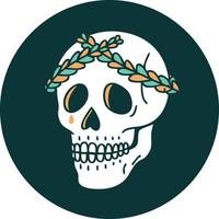 iconic tattoo style image of a skull with laurel wreath crown vector