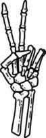 tattoo in black line style of a skeleton giving a peace sign vector
