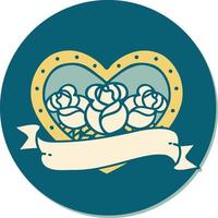 sticker of tattoo in traditional style of a heart and banner with flowers vector