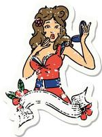 distressed sticker tattoo in traditional style of a pinup surprised girl with banner vector