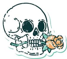 iconic distressed sticker tattoo style image of a skull and rose vector