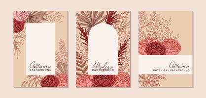 Set of autumn vertical background with modern floral elements. Hand drawn botanical vector illustration. Space for text