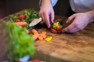 closeup of Chef hands preparing beef steak photo