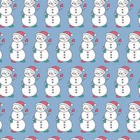 Snowmen seamless background. Cute winter doodle pattern. Vector outline hand drawn funny snowman in Christmas cap. Doodle repeat colorful illustration