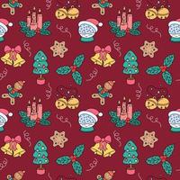 Christmas pattern. Vector colorful doodle seamless background with outline hand drawn Christmas holiday elements. Xmas design objects. Repeat illustration with holly, bells, tree