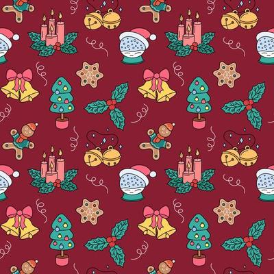 Christmas pattern. Vector colorful doodle seamless background with outline hand drawn Christmas holiday elements. Xmas design objects. Repeat illustration with holly, bells, tree