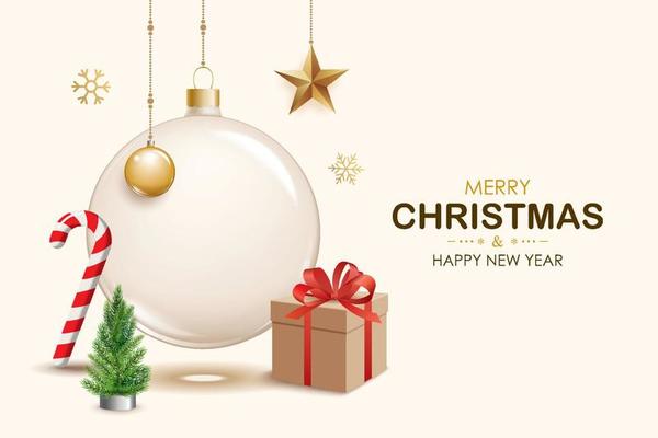 Merry christmas glass ball and decoration object for flyer brochure design on white background invitation theme concept. Happy holiday greeting banner and card template.