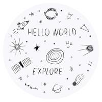 Doodle cosmos illustration set in childish style in circle, design clipart. Hand drawn abstract space elements with lettering. Black and white. vector