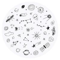 Doodle cosmos illustration set in childish style in circle, design clipart. Hand drawn abstract space elements. Black and white. vector