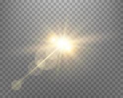 Sunlight lens flare, sun flash with rays and spotlight. Gold glowing burst explosion. Vector illustration.