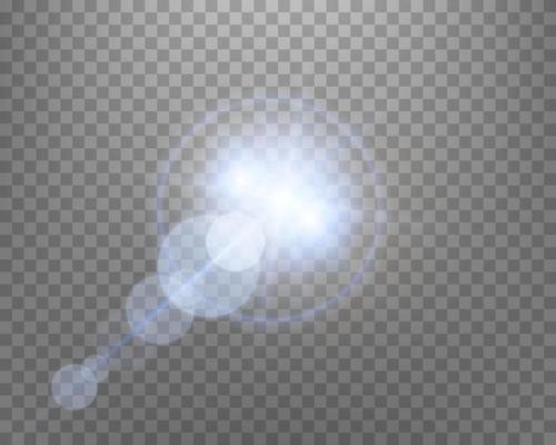 Blue sunlight lens flare, sun flash with rays and spotlight. Vector illustration.