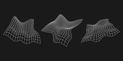 Set of cyber distorted grids, retro punk design elements. Wireframe wave geometry mesh on black background. Vector illustration.