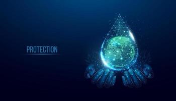 Two human hands are holds Planet Earth in water drop. World water day, Protection environmental, Ecology concept. vector