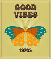 Retro groovy posters 60s 70s with groovy butterfly for cards, stickers or poster design. Typography slogan vector