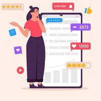 Social media marketing concept with a thinking girl and icons of SMM. Young woman managing SMM strategy processes. Flat vector illustration.