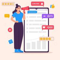 concepto de marketing en redes sociales con mujer con megáfono e íconos de smm. mujer joven gestionando procesos de estrategia de smm. ilustración vectorial plana. vector