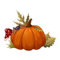 Pumpkin with autumn leaves, fly agaric, spider. Season vegetable, garden plant. Cartoon vector illustration