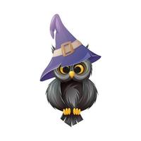 Cute owl with big eyes in a sorcery purple hat. Symbol of wisdom and night. Cartoon vector illustration of a bird.