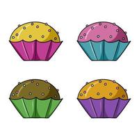 un conjunto de iconos de colores, deliciosos cupcakes coloridos con diferentes frutas y crema de chocolate y migas de azúcar, ilustración vectorial en estilo de dibujos animados sobre un fondo blanco