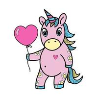 Cute pink unicorn with balloon, cartoon style vector illustration on white background