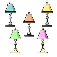 A set of colored icons, a table lamp with a beautiful fabric shade, on a gold and silver stand, vector illustrations in cartoon style on a white background