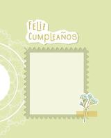 Feliz Cumpleanos Happy Birthday, written in spanish language, postcard green vintage collage. vector