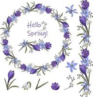 Wreath of spring flowers crocus and primrose on a white background . vector