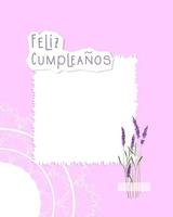 Feliz Cumpleanos Happy Birthday, written in spanish language, pink postcard vintage collage with lavender watercolor and lace. vector