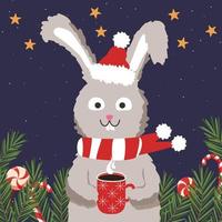 Rabbit on a greeting card, Christmas, New Year. vector illustration