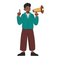Black african man shouting into a megaphone. Vector flat illustration with protesting man. Guy with loudspeaker. Protesting.