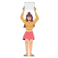 Feminism. girl power. angry woman raised her hands with a placard protests. girl at the rally. Flat vector illustration isolated on white background.