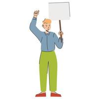 the man raised his hands into fists and a poster banner in his hands in protest. Vector flat illustration with boy protesting. A guy screams with an unhappy expression on his face. rally