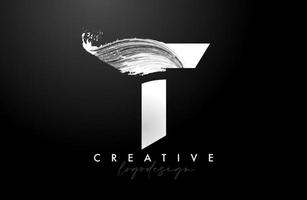 White Letter T Logo Brush Stroke with Artistic Watercolor Paint Brush Icon Vector Design