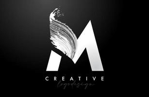 White Letter M Logo Brush Stroke with Artistic Watercolor Paint Brush Icon Vector Design
