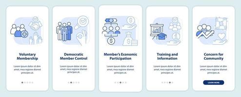 pantalla de aplicación móvil de incorporación de principios cooperativos azul claro. tutorial de negocios 5 pasos páginas de instrucciones gráficas con conceptos lineales. interfaz de usuario, ux, plantilla de interfaz gráfica de usuario. vector