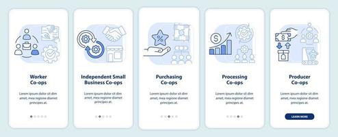 Types of co-ops light blue onboarding mobile app screen. Business walkthrough 5 steps graphic instructions pages with linear concepts. UI, UX, GUI template. vector