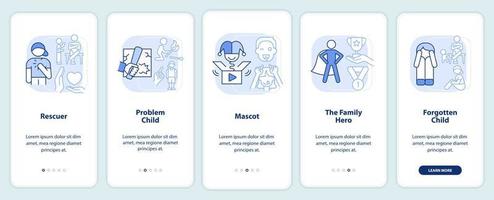 roles en familias disfuncionales pantalla de aplicación móvil de incorporación azul claro. tutorial 5 pasos páginas de instrucciones gráficas con conceptos lineales. interfaz de usuario, ux, plantilla de interfaz gráfica de usuario. vector