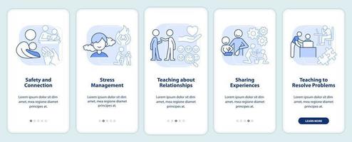 Family relationships importance light blue onboarding mobile app screen. Walkthrough 5 steps graphic instructions pages with linear concepts. UI, UX, GUI template. vector