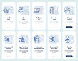 Family relations management light blue onboarding mobile app screen set. Walkthrough 5 steps graphic instructions pages with linear concepts. UI, UX, GUI template. vector