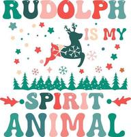 Rudolph es mi espíritu animal. tarjeta de Navidad retro, saludo, diseño, estampado de camisetas, deseo de postal, afiche, pancarta aislada en fondo blanco. ilustración de vector de texto colorido temático acogedor de invierno