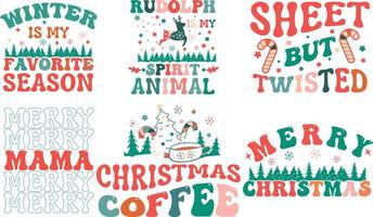 Retro Christmas saying quote bundle for Card, greeting, design, T shirt print,  postcard wish, poster, banner isolated on white background. winter cozy themed colorful text vector illustration