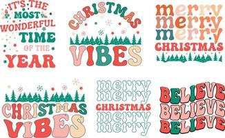 Retro Christmas saying quote bundle for Card, greeting, design, T shirt print,  postcard wish, poster, banner isolated on white background. winter cozy themed colorful text vector illustration