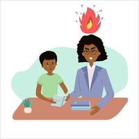 Education concept afro american female teacher feeling angry to naughty schoolboy while standing. vector flat screaming at a child