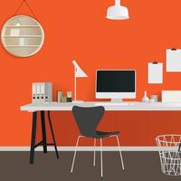 Office realistic design with modern table theater system. Orange background with chair vector illustration