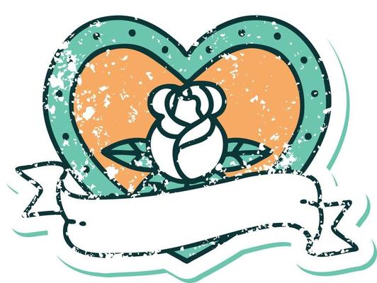 iconic distressed sticker tattoo style image of a heart rose and banner