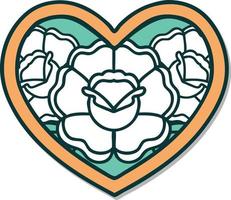 sticker of tattoo in traditional style of a heart and flowers vector