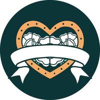 iconic tattoo style image of a heart and banner with flowers vector