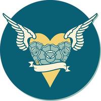 sticker of tattoo in traditional style of a heart with wings and banner vector