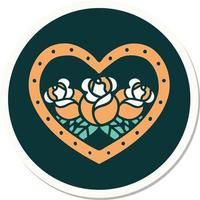 sticker of tattoo in traditional style of a heart and flowers vector