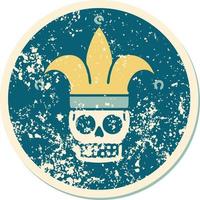 iconic distressed sticker tattoo style image of a skull jester vector